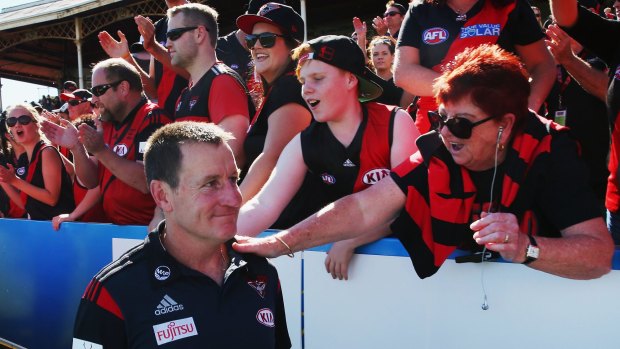 That winning feeling: Bombers coach John Worsfold is greeted by fans after defeating Carlton at Ikon Park last week. 