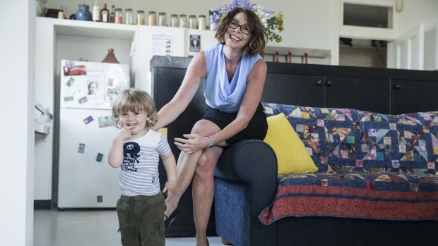 Solicitor and reformed drug user, Edwina Lloyd, the Labor candidate for the state seat of Sydney, at her Potts Point home with her son, Ryder, 20 months. 