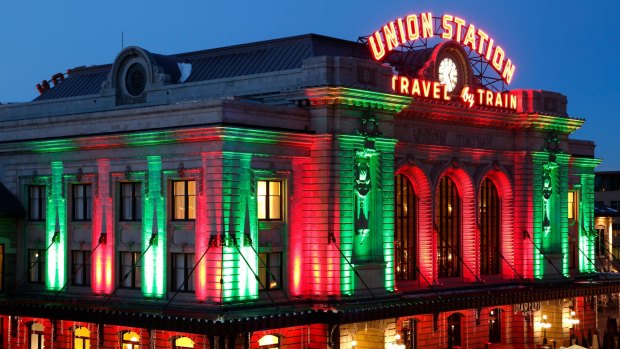 Union Station decorated with Christmas holiday lights.