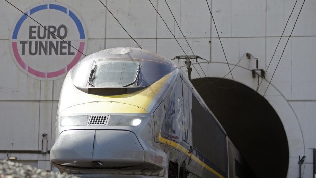 A high-speed Eurostar train exits the Channel tunnel in Coquelles, near Calais.