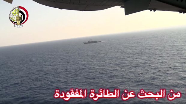 An Egyptian plane and ship search in the Mediterranean, where wreckage was found on Friday. Arabic in lower right reads "from the search for the missing plane."