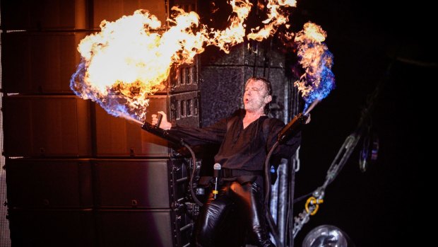 Fired up: Bruce Dickinson loves the flamethrower stunt in his latest tour.