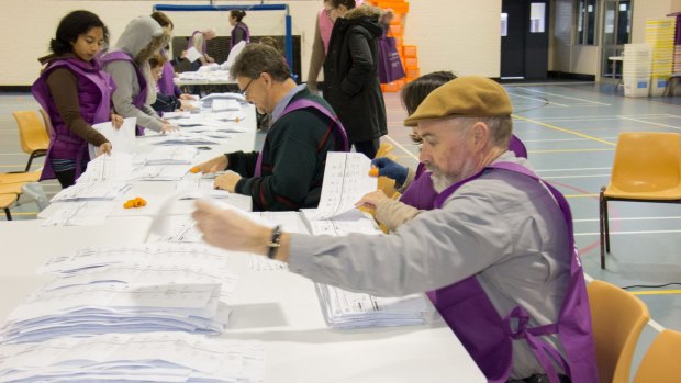 Counting of Senate votes at Belconnen High last year. The ACT's federal seats have the highest number of voters in the country.