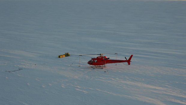David Wood's helicopter at the western ice shelf after he fell into a crevasse on January 11, 2016.