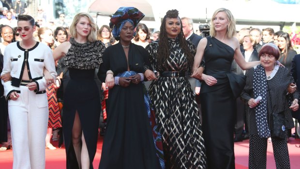 Jury members, from left, Kristen Stewart, Lea Seydoux, Khadja Nin, Ava DuVernay, Cate Blanchett and director Agnes Varda lead the 82-strong protest at Cannes.
