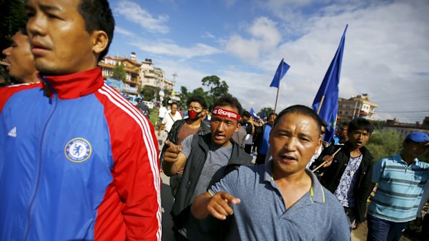 Protesters at a general strike organised by the Nepal Federation of Indigenous Nationalities demanding autonomous regions based on ethnicity be drafted into the new constitution.