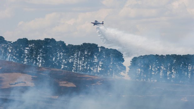A plane dumps water over the Tarago fire on Tuesday.
