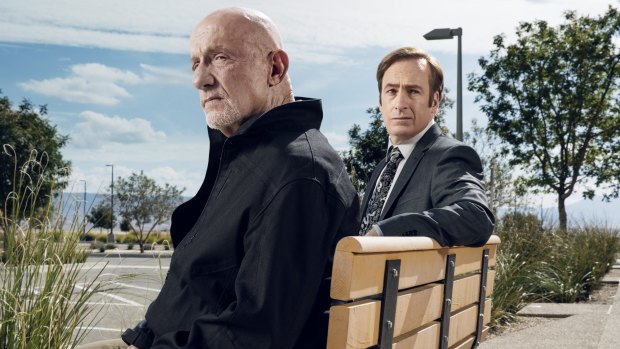 <i>Better Call Saul</i>, starring Jonathan Banks (left) as Mike Ehrmantraut and Bob Odenkirk as Jimmy McGill, reflects today's multiplatform TV landscape. 