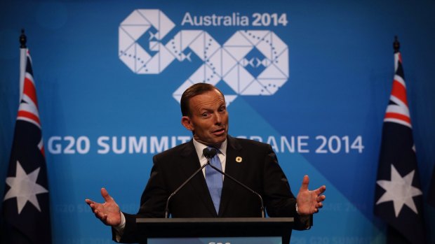 Prime Minister Tony Abbott during a press conference at the conclusion of the G20 in Brisbane.