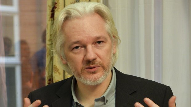 Julian Assange at a news conference in the Ecuadorian embassy in 2014.