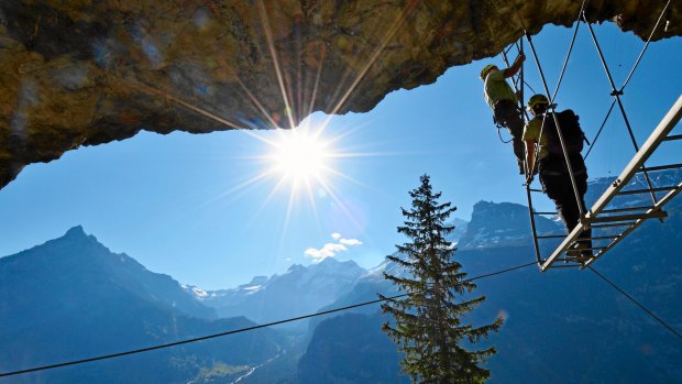 The famous ladder of the via ferrata Allmenalp (Kandertal).