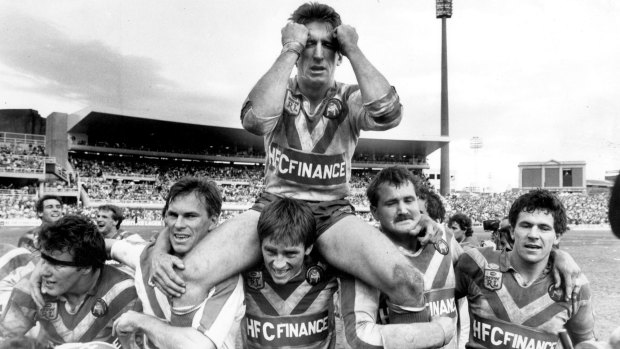 One of the greats: Steve Mortimer is chaired from the field after the 1984 grand final.