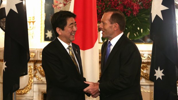 Prime minister Tony Abbott meets with Japanese Prime Minister Shinzo Abe at the State Guest House in Tokyo during his visit to Japan in April 2014. 