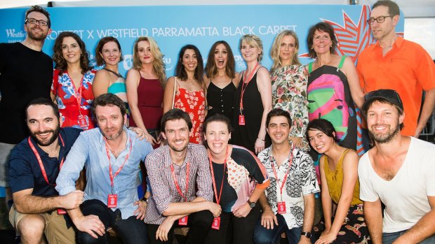 Head judge Rose Byrne poses with the film makers at Tropfest.