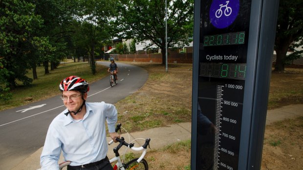 Ian Ross from Pedal Power ACT with the bike barometer in O'Connor. The barometer has proven Canberra to be the cycling capital of Australia. 