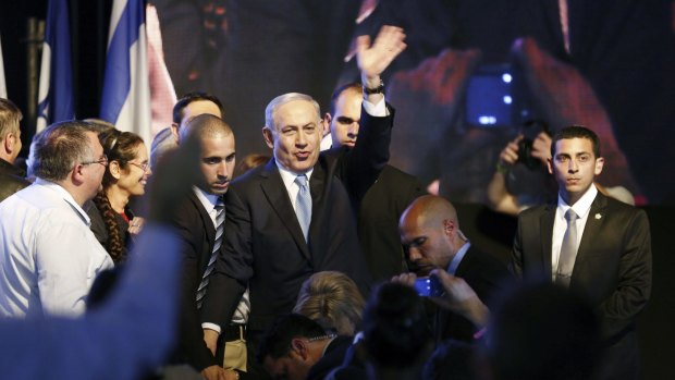 Israeli Prime Minister Benjamin Netanyahu acknowledges his supporters after his election victory. 