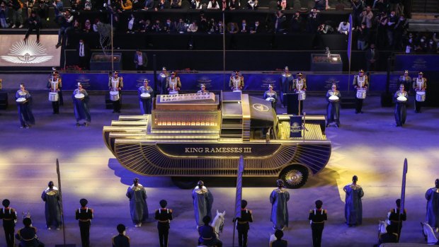 A specially designed vehicle transports the mummy of King Ramesses III in a convoy from the Egyptian Museum in Tahrir Square to the new National Museum of Egyptian Civilization during The Pharaohs’ Golden Parade in Cairo, Egypt. 