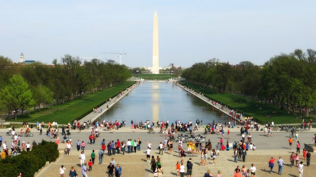 Washington's National Mall bustling with tourists on a spring day. 