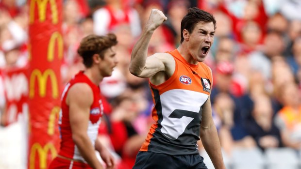 Jeremy Cameron, of the Giants, celebrates a goal during the first qualifying final  between the Sydney Swans and the GWS Giants. 