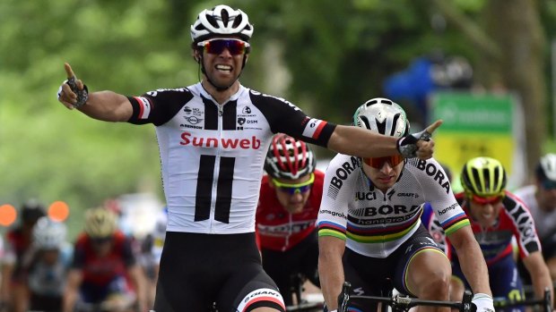 Australian Michael Matthews (Team Sunweb) celebrates his win in the third stage of the Tour of Switzerland.