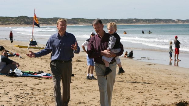 Former Acting premier John Thwaites and Minister for Planning Rob Hulls, with son Jack, at Ocean Grove.