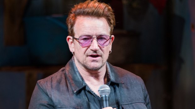 U2 band member Bono attends "Eclipsed" To Launch A Dedications Series In Honor Of Abducted Chibok Girls Of Northern Nigeria at Golden Theatre on April 30, 2016 in New York City.