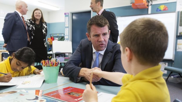 NSW premier Mike Baird and NSW Education Minister Adrian Piccoli visit Homebush West Public School in 2014 to make the original announcement. 