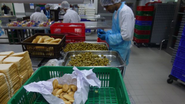 Behind the scenes preparation of food at the Emirates Flight Catering facility in Dubai.