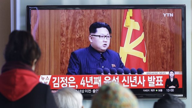 South Koreans watch North Korean leader Kim Jong Un's New Year speech on TV.