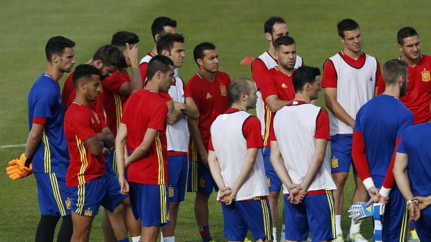 Team talk: The Spanish players at a training session in Saint Martin de Re in France on Thursday.