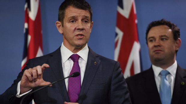 Premier Mike Baird and Sports Minister Stuart Ayres when they announced the $1.6 billion stadium plan last September, elements of which continue to change.