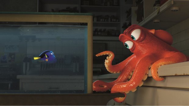 Dory encounters a cantankerous octopus named Hank (voiced by Ed O'Neill) in <i>Finding Dory</i>.