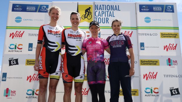 Rebecca Wiasak, second from left, won the Googong time trial in the first stage of the National Capital Tour.