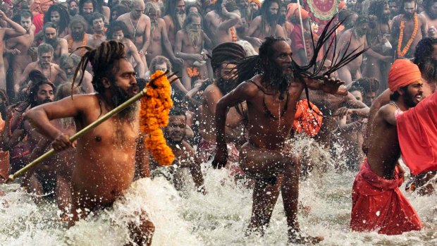 Hindu holy men at the Kumbh Mela.