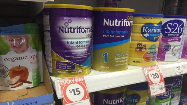 Nutriforme baby formula, beside Bellamy's baby food pouches, on the shelves of Coles.