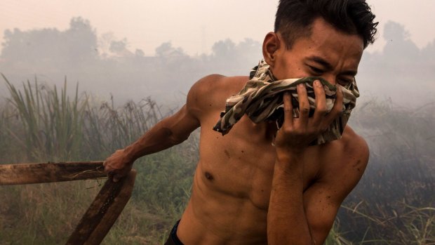 A man fights a fire in South Sumatra, Indonesia. Land is being cleared for the production of pulp, paper and palm oil.