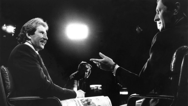 Max Walker, left, and Ken Sutcliffe, presenters of Channel Nine's Wide World of Sports program, in 1989.