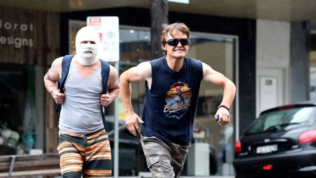 Justin Rosniak as Ditch (left) and Damon Herriman as Jason in <i>Down Under</i>,  which lampoons bigots on both sides of the divide.