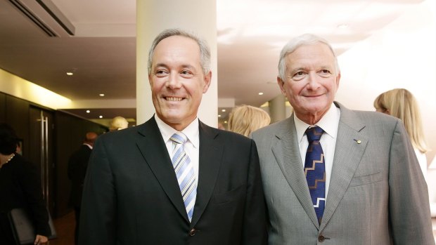 Former NSW premiers Morris Iemma and Nick Greiner at the Western Sydney Business Chamber lunch in Parramatta.