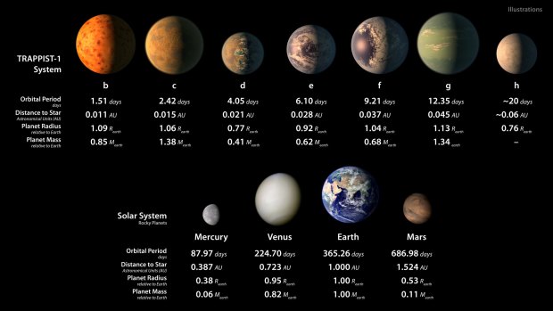 This infographic displays some artist's illustrations of how the seven planets orbiting TRAPPIST-1 might appear, including the possible presence of water oceans, alongside some images of the rocky planets in our Solar System.