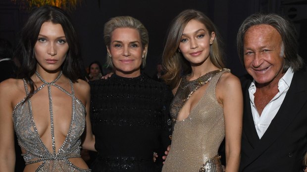 (L-R) Bella Hadid, Yolanda Foster, Gigi Hadid and Mohamed Hadid attend the Victoria's Secret After Party at the Grand Palais on November 30, 2016 in Paris, France. 