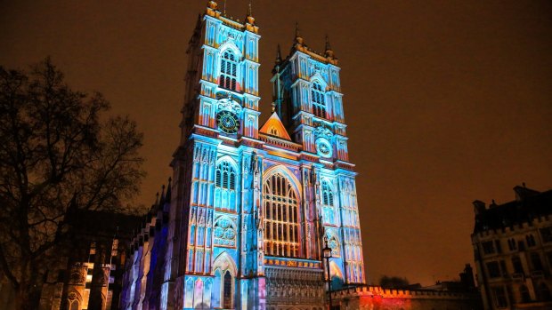 Westminster Abbey lit up for London's Lumiere festival.  