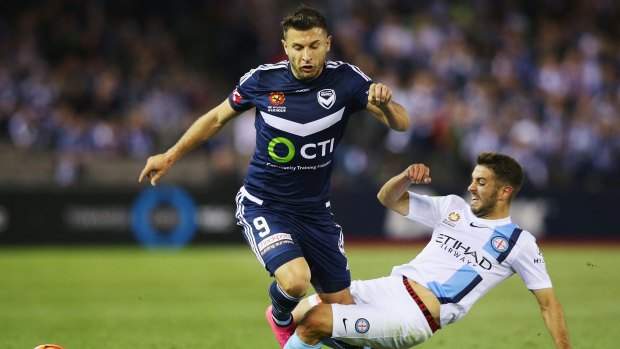 City's Bruno Fornaroli, tackling Victory's Kosta Barbarouses, was the only player to miss the post-match spray from coach John van 't Schip, despite catching a yellow for a tackle against Matthieu Delpierre. 