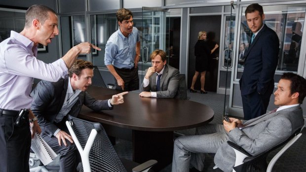 Jeremy Strong, Rafe Spall, Hamish Linklater, Steve Carell, Jeffry Griffin and Ryan Gosling in The Big Short. 