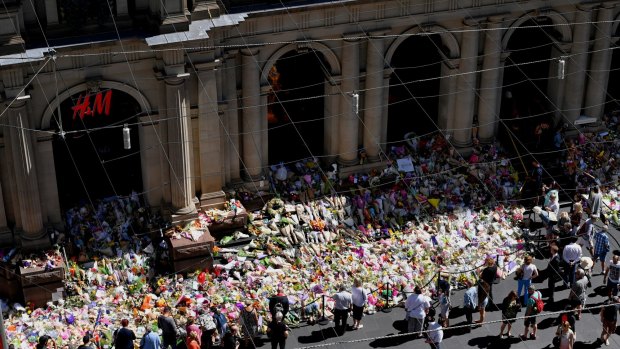 Floral tributes in the Bourke Street Mall after the January tragedy that claimed six lives. 