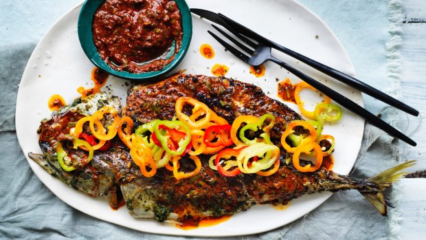 Grilled blue mackerel with red and green chermoula and lime-cured sweet peppers.