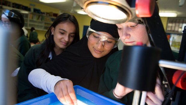 Wiley Park Girls High School students (from left) Ushna Fatima, Tasnim Alam and Courtney Allerton in their science classroom. 