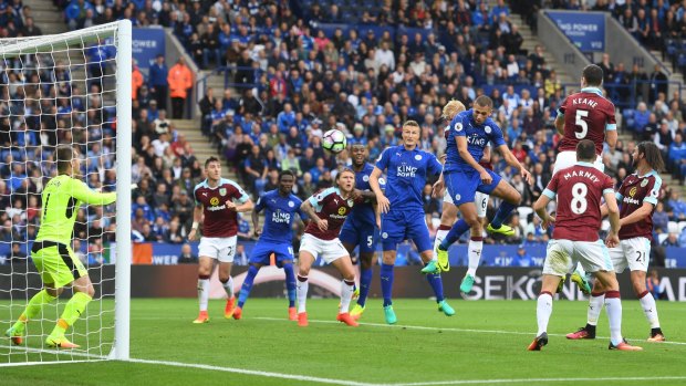 Dream debut: Islam Slimani scores one of his two goals against Burnley.