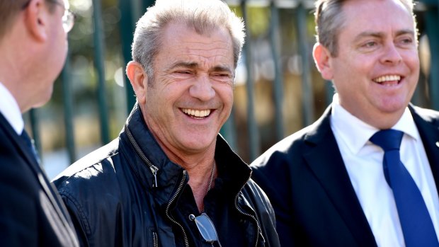 Shooting in Sydney: Mel Gibson with Deputy Premier and Arts Minister Troy Grant (left) and Industry, Resources and Energy Minister Anthony Roberts at the Fox Studios announcement. 