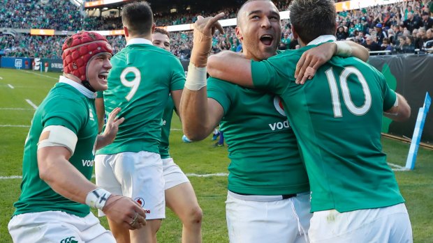 Stunning: Ireland celebrate after scoring against the All Blacks.